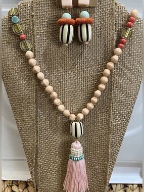 Plunder Design Jewelry Samira Pink Beaded Tassel Necklace Millie Earring Set New